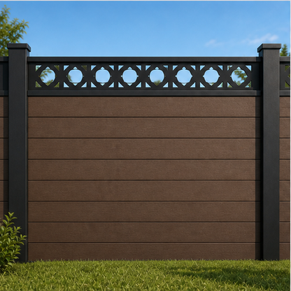 Circle Flower Chain metal fence topper installed above WPC composite privacy fence, front view, Design 185