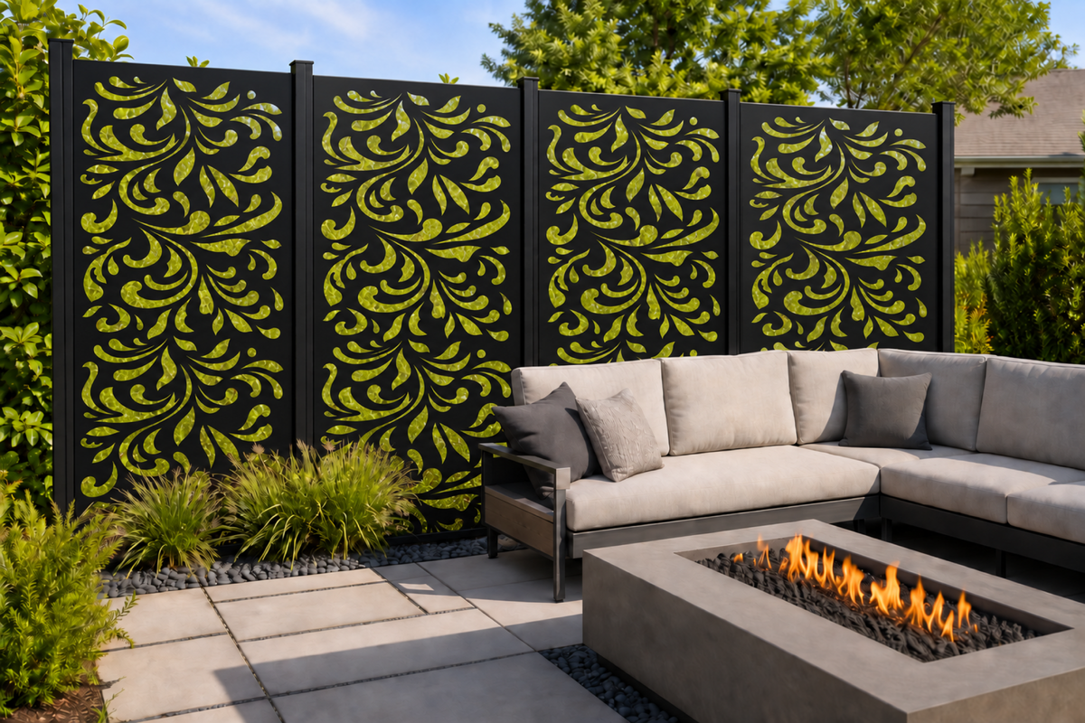 Design 185 Feathered Floral Cascade Laser Cut Metal Privacy Screen Panel installed garden daylight view