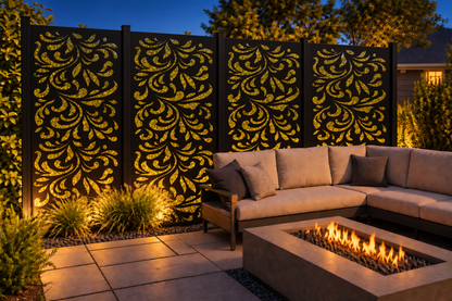 Design 185 Feathered Floral Cascade Laser Cut Metal Privacy Screen Panel installed garden night lighting view