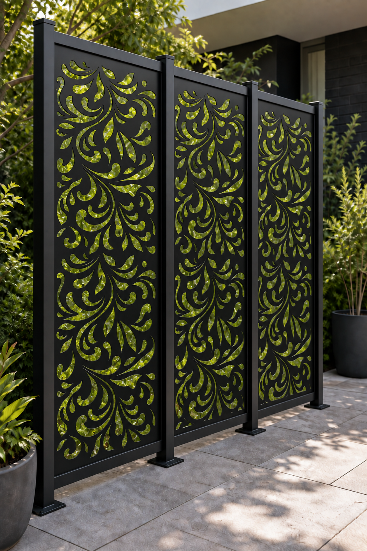 Design 185 Feathered Floral Cascade Laser Cut Metal Privacy Screen Panel oblique angle view