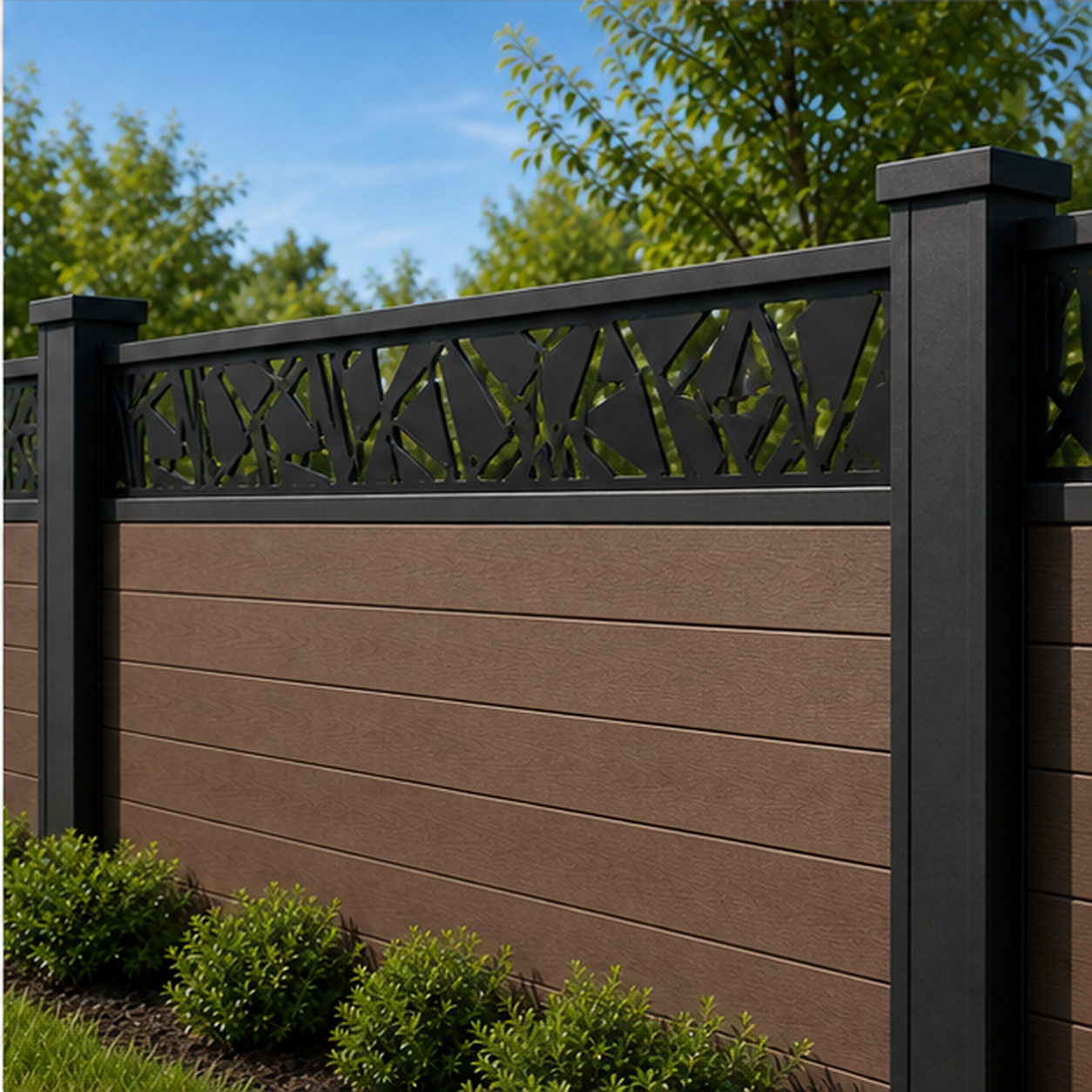 Broken Reed Branch laser cut fence extension panel installed on composite fence, angle view, Design 186