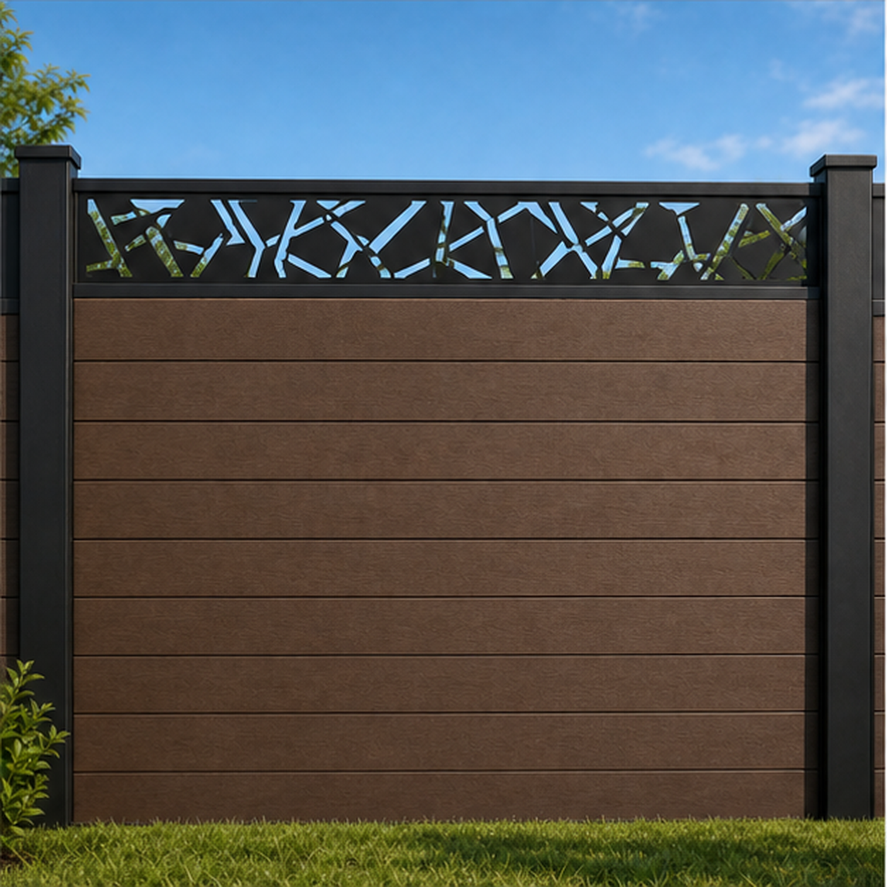 Broken Reed Branch metal fence topper installed above WPC composite privacy fence, front view, Design 186