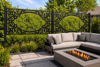 Design 186 Oval Baroque Frame Laser Cut Metal Privacy Screen Panel installed garden daylight view