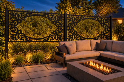 Design 186 Oval Baroque Frame Laser Cut Metal Privacy Screen Panel installed garden night lighting view
