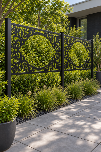 Design 186 Oval Baroque Frame Laser Cut Metal Privacy Screen Panel oblique angle view