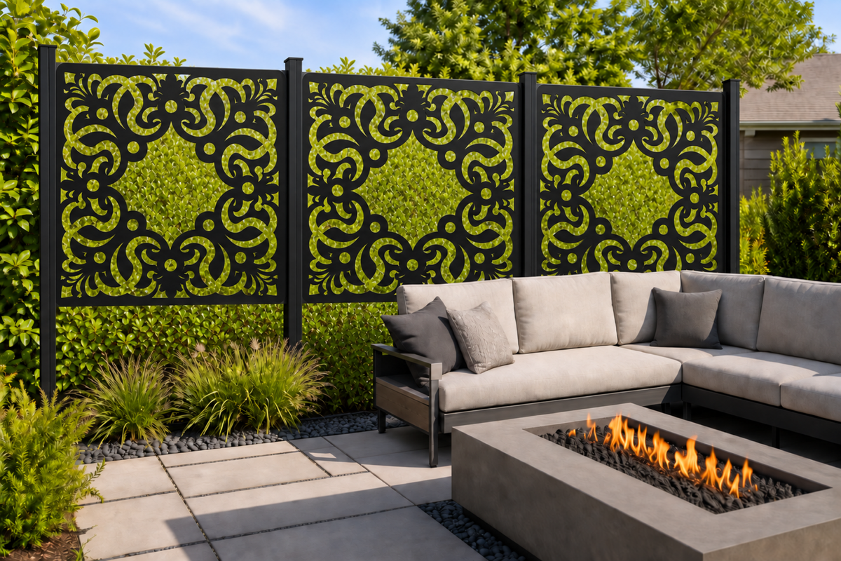 Design 187 Heart Baroque Frame Laser Cut Metal Privacy Screen Panel installed garden daylight view