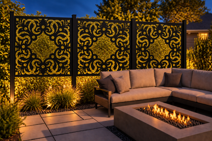 Design 187 Heart Baroque Frame Laser Cut Metal Privacy Screen Panel installed garden night lighting view