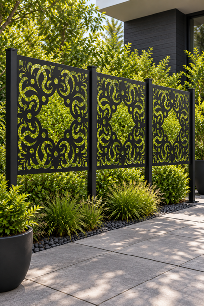 Design 187 Heart Baroque Frame Laser Cut Metal Privacy Screen Panel oblique angle view