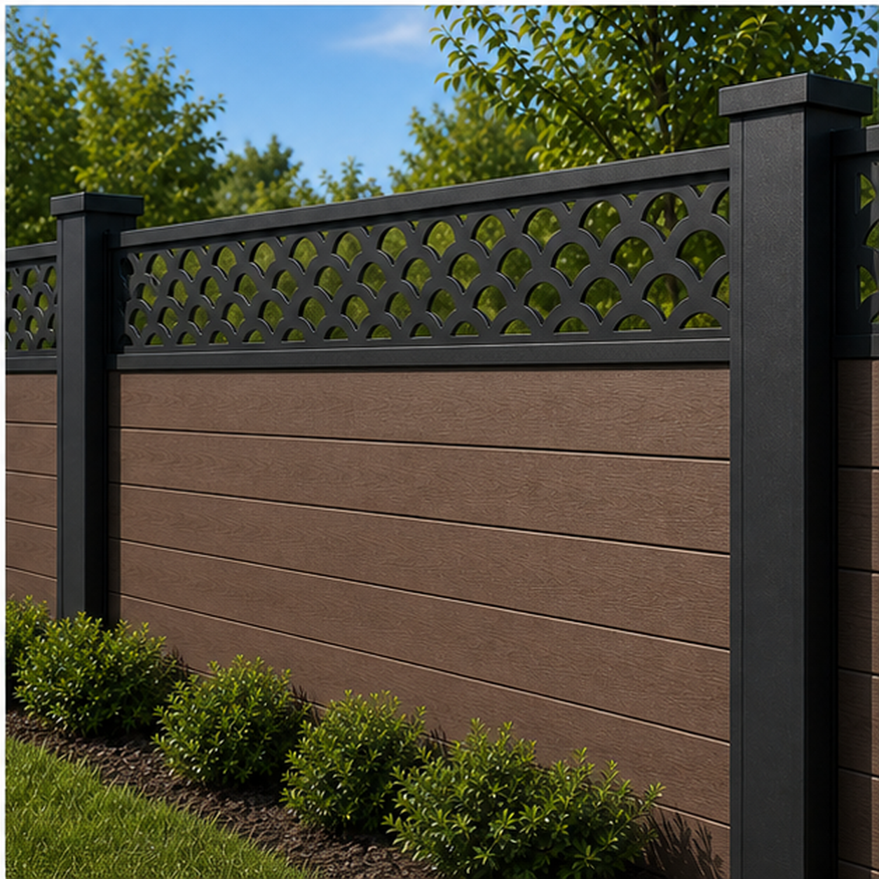 Scallop Arch Lattice laser cut fence extension panel installed on composite fence, angle view, Design 187