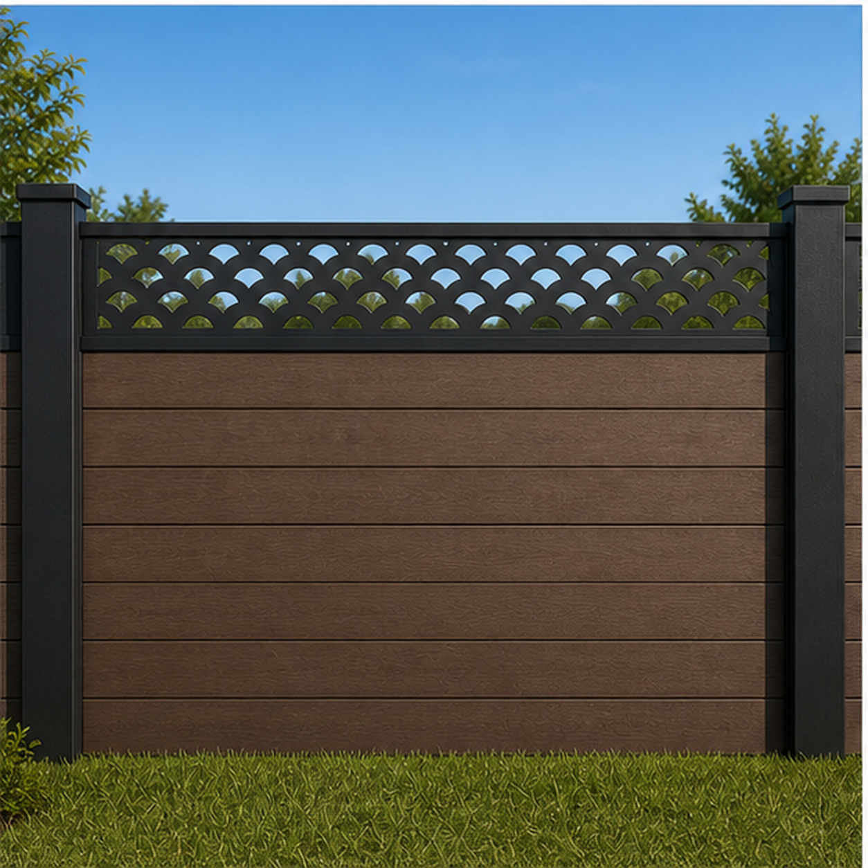 Scallop Arch Lattice metal fence topper installed above WPC composite privacy fence, front view, Design 187