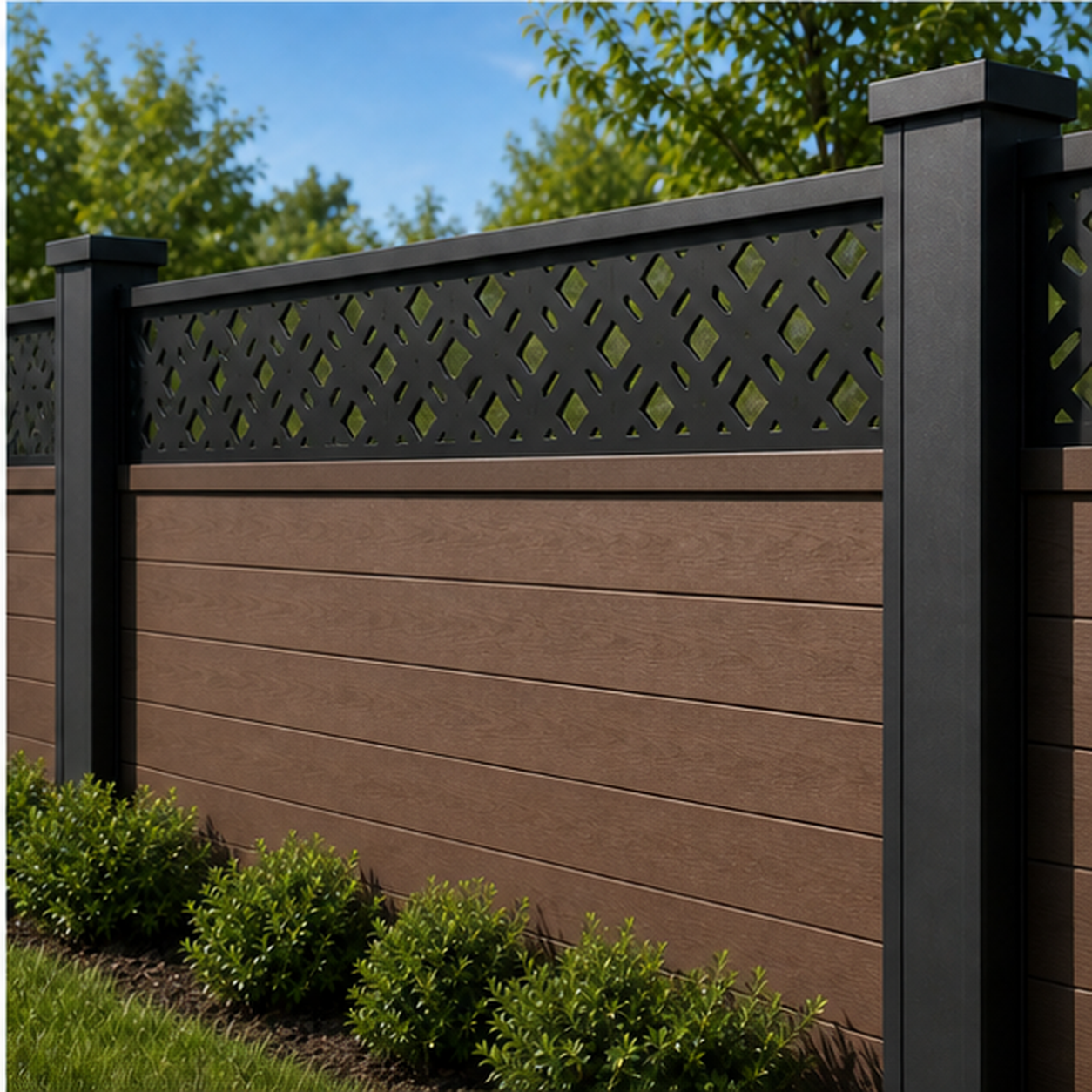 Dark Diamond Trellis laser cut fence extension panel installed on composite fence, angle view, Design 188