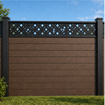 Dark Diamond Trellis metal fence topper installed above WPC composite privacy fence, front view, Design 188