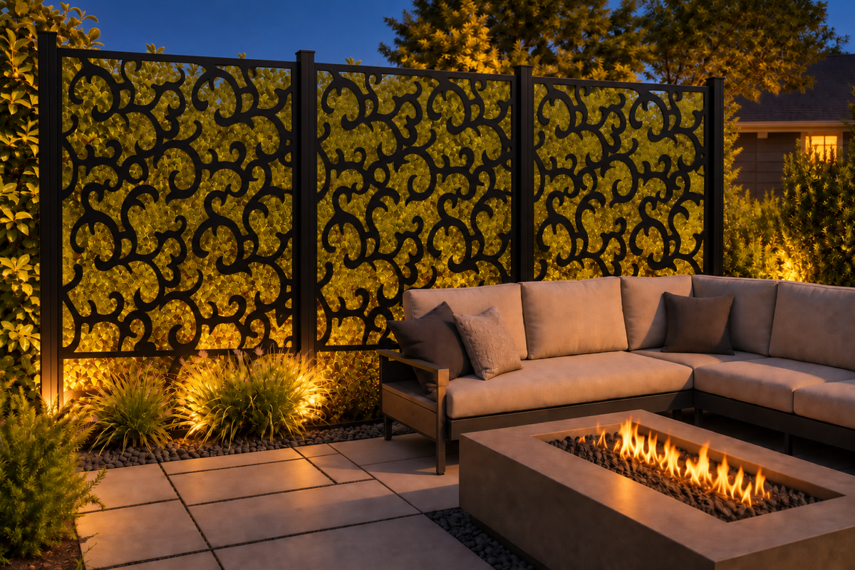 Design 188 Interlocking Floral Vines Laser Cut Metal Privacy Screen Panel installed garden night lighting view