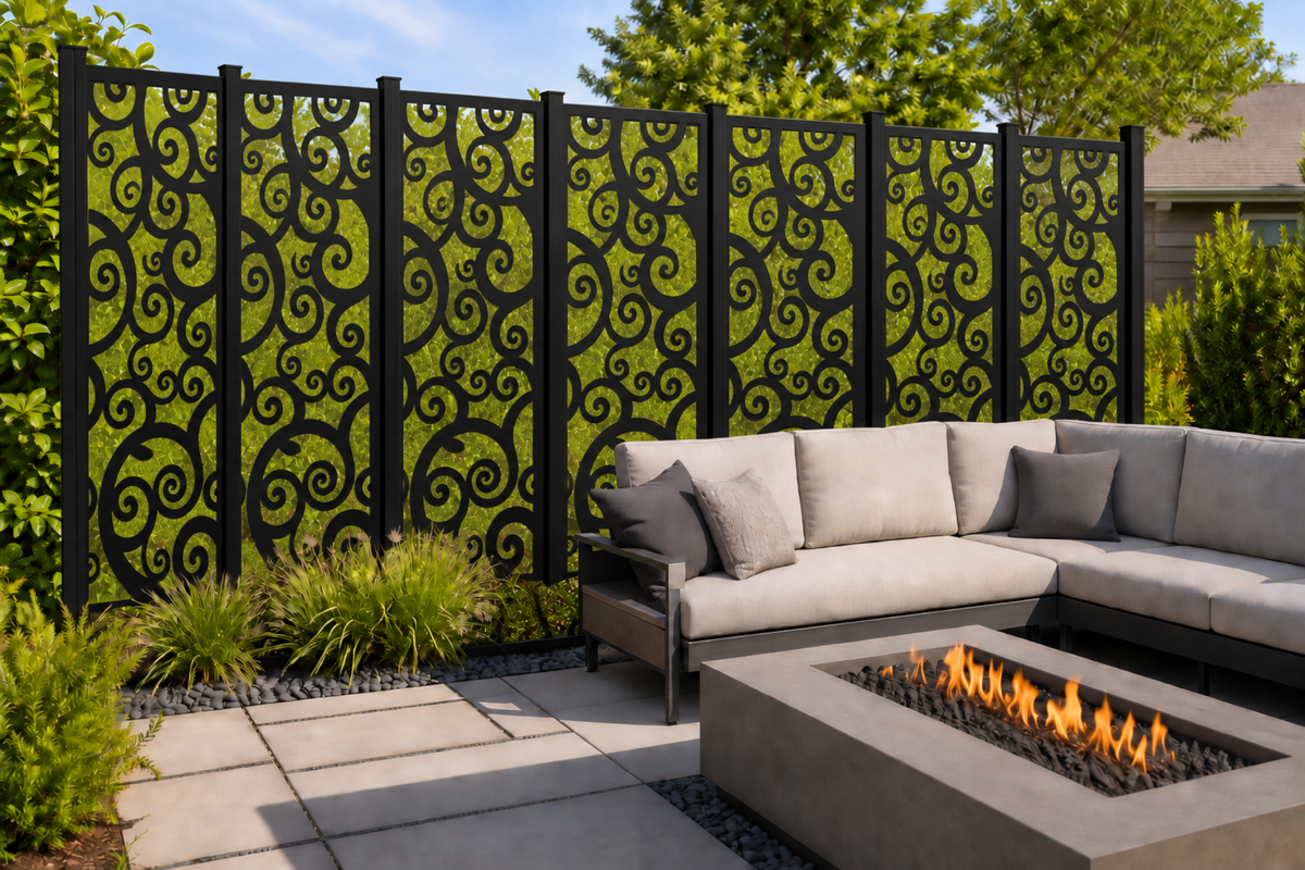 Design 189 Spiral Vine Repeat Laser Cut Metal Privacy Screen Panel installed garden daylight view