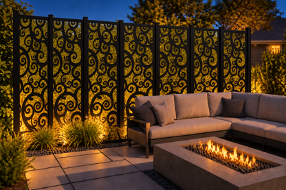 Design 189 Spiral Vine Repeat Laser Cut Metal Privacy Screen Panel installed garden night lighting view
