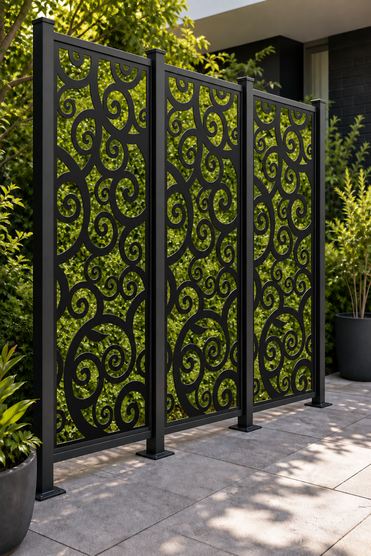 Design 189 Spiral Vine Repeat Laser Cut Metal Privacy Screen Panel oblique angle view