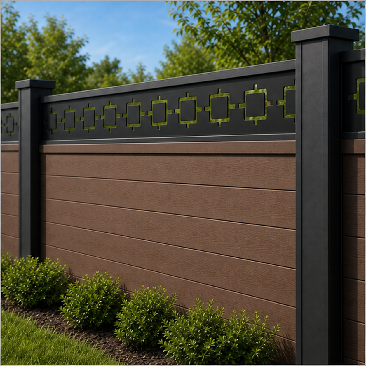 Square Link Chain laser cut fence extension panel installed on composite fence, angle view, Design 189