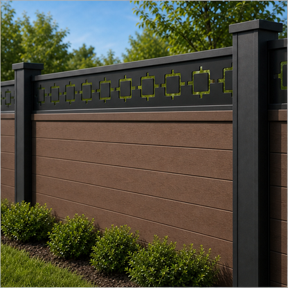 Square Link Chain laser cut fence extension panel installed on composite fence, angle view, Design 189