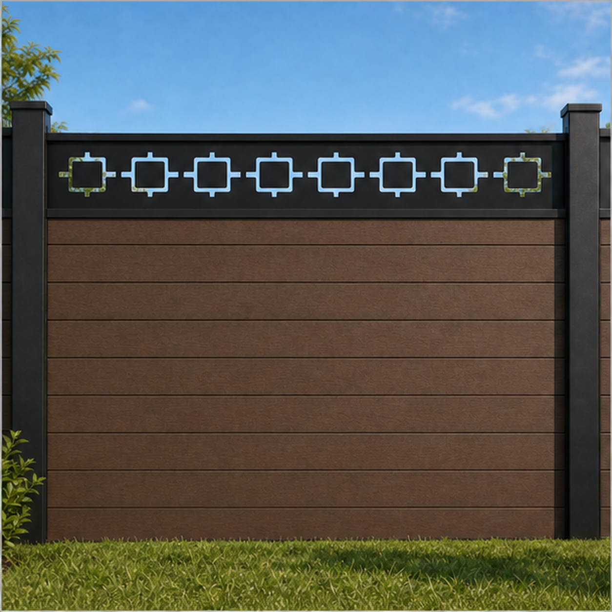 Square Link Chain metal fence topper installed above WPC composite privacy fence, front view, Design 189