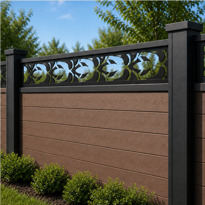 Spear Leaf Scroll laser cut fence extension panel installed on composite fence, angle view, Design 190
