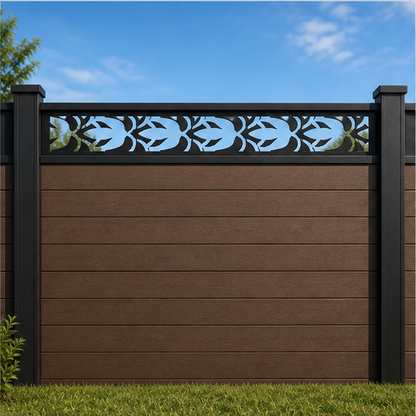Spear Leaf Scroll metal fence topper installed above WPC composite privacy fence, front view, Design 190