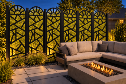 Design 190 Sunrise Shard Arch Laser Cut Metal Privacy Screen Panel installed garden night lighting view