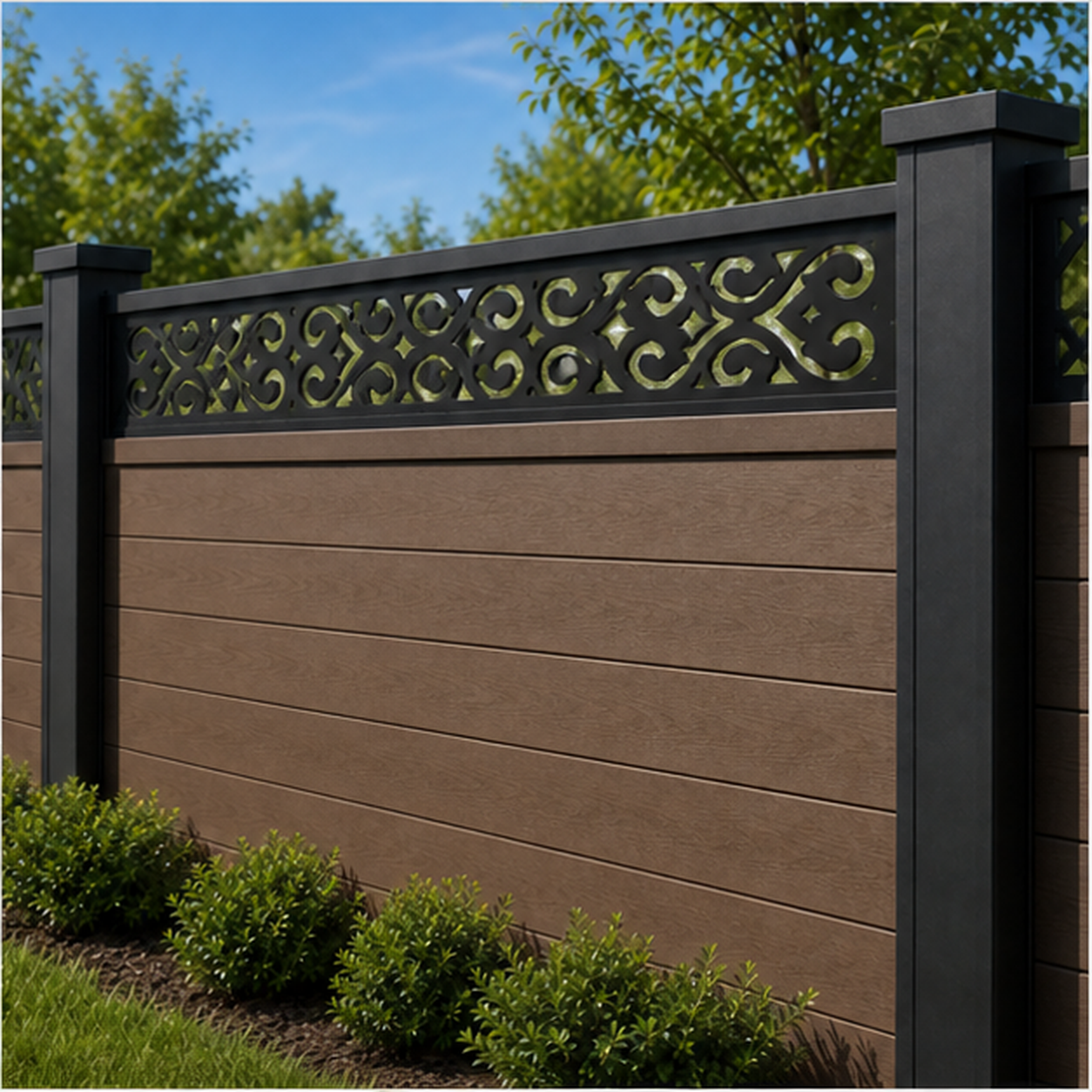 Mini C Scroll Rail laser cut fence extension panel installed on composite fence, angle view, Design 191