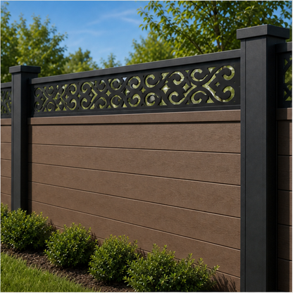 Mini C Scroll Rail laser cut fence extension panel installed on composite fence, angle view, Design 191