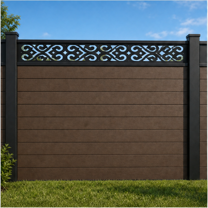 Mini C Scroll Rail metal fence topper installed above WPC composite privacy fence, front view, Design 191