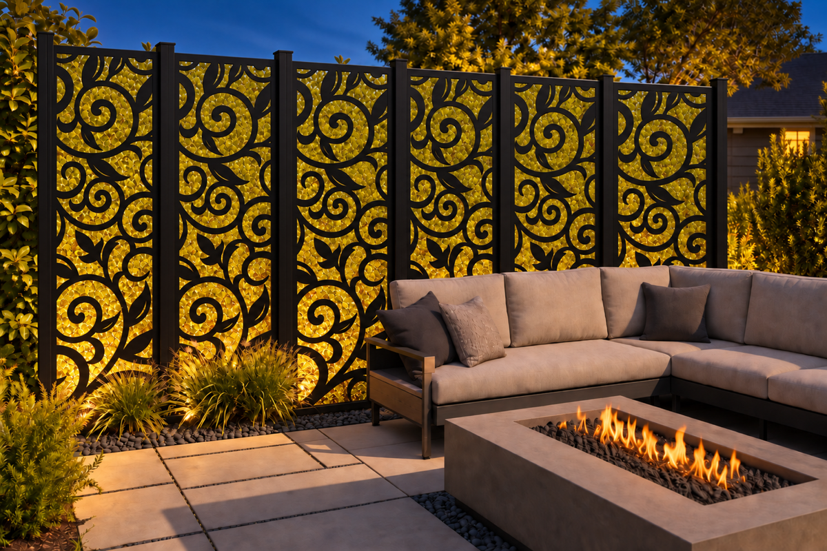 Design 191 Open Scroll Lattice Laser Cut Metal Privacy Screen Panel installed garden night lighting view