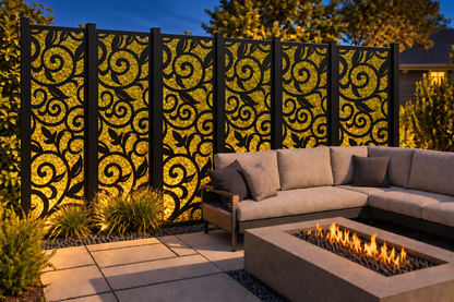 Design 191 Open Scroll Lattice Laser Cut Metal Privacy Screen Panel installed garden night lighting view
