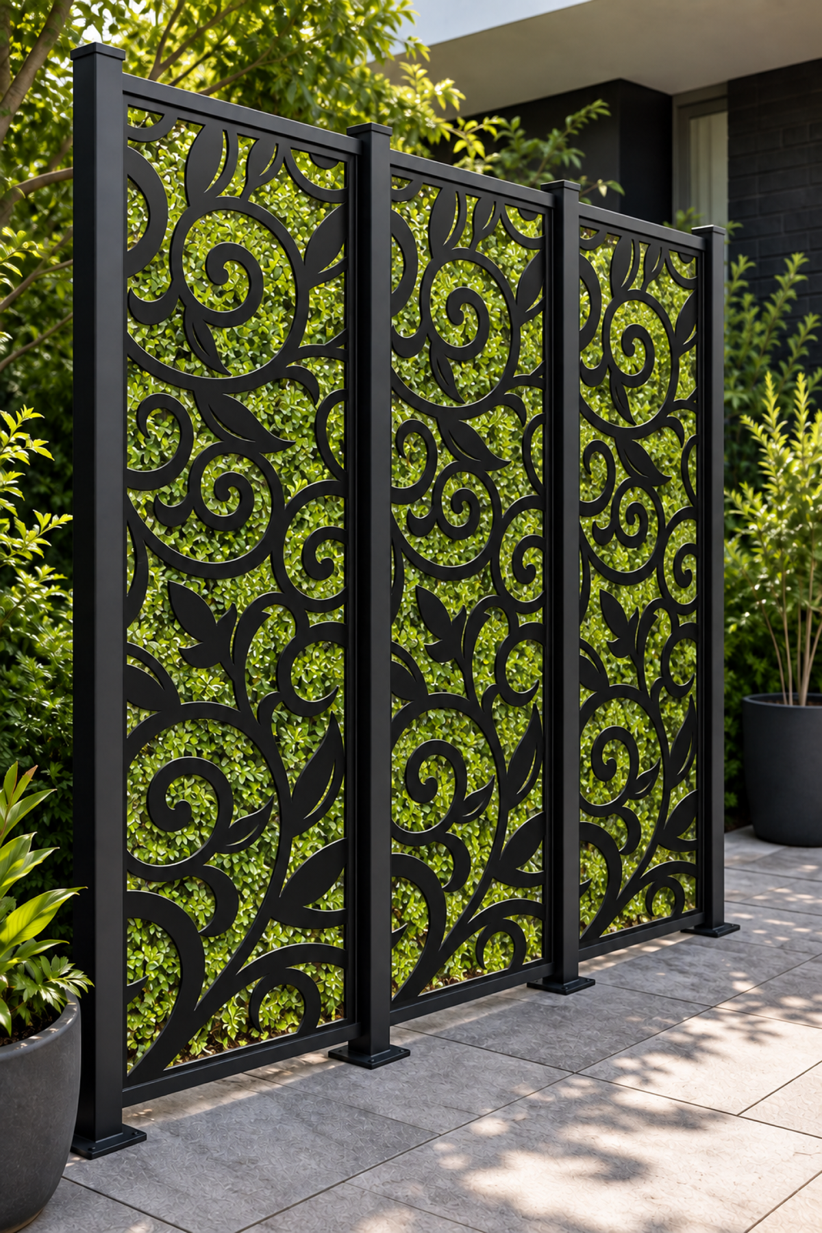 Design 191 Open Scroll Lattice Laser Cut Metal Privacy Screen Panel oblique angle view