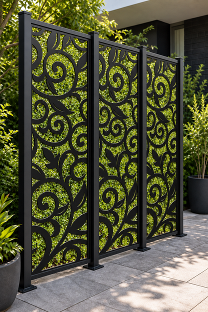 Design 191 Open Scroll Lattice Laser Cut Metal Privacy Screen Panel oblique angle view