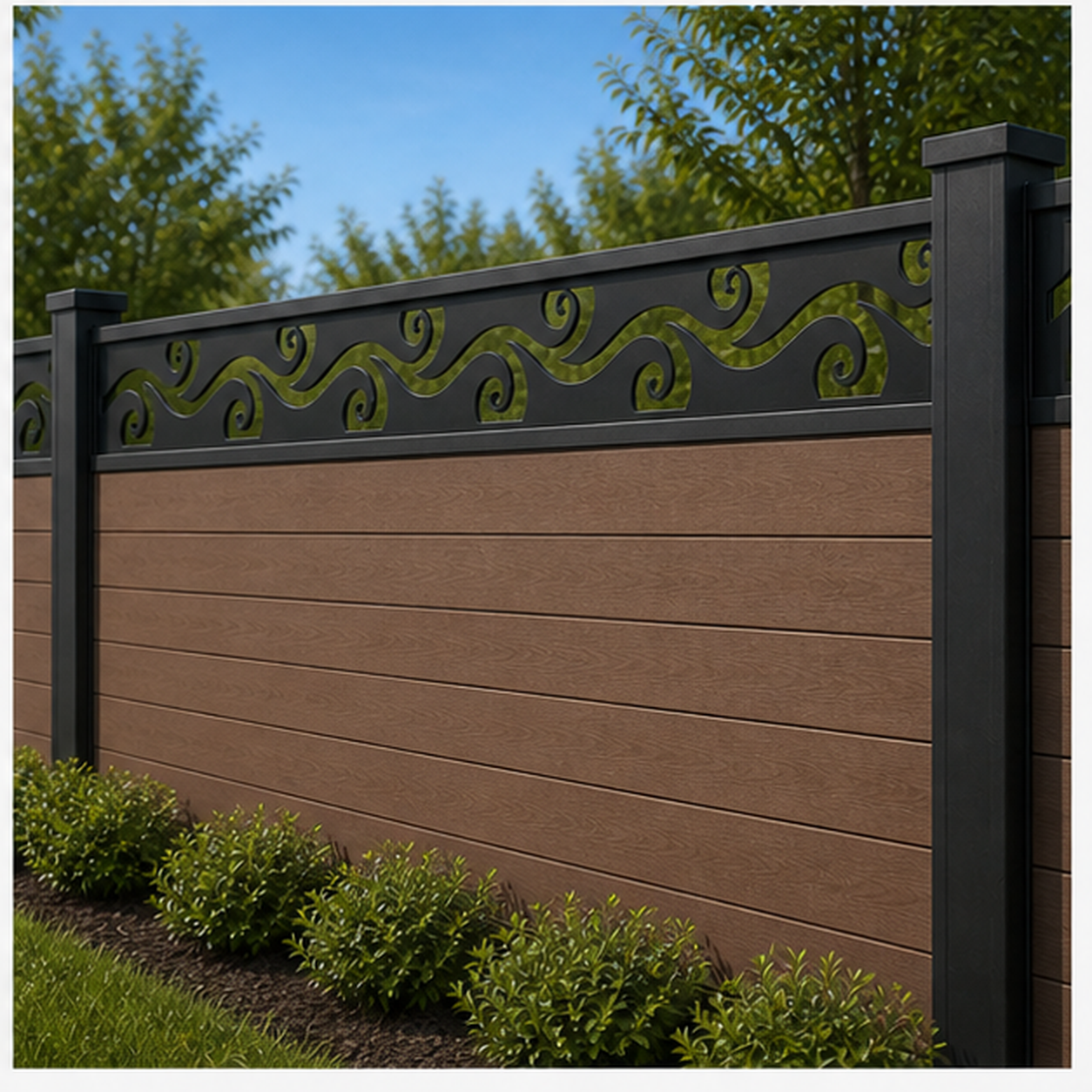 Curl Wave Scroll laser cut fence extension panel installed on composite fence, angle view, Design 192