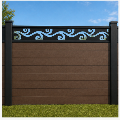 Curl Wave Scroll metal fence topper installed above WPC composite privacy fence, front view, Design 192