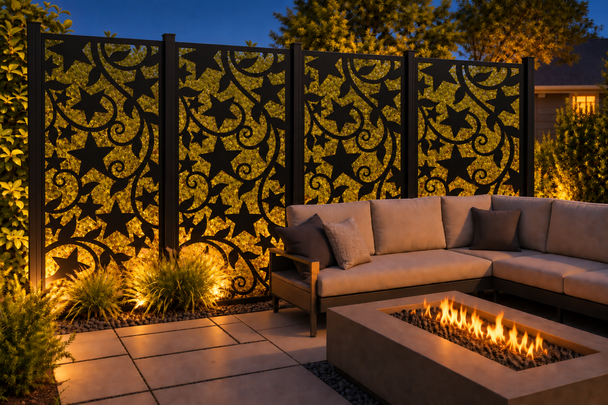 Design 192 Falling Maple Stars Laser Cut Metal Privacy Screen Panel installed garden night lighting view
