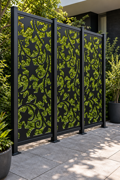 Design 192 Falling Maple Stars Laser Cut Metal Privacy Screen Panel oblique angle view