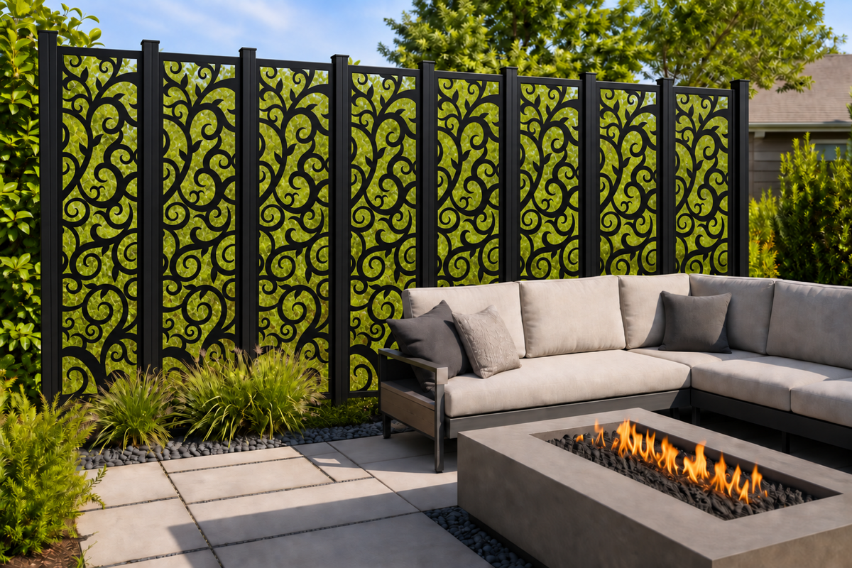 Design 193 Classic Scroll Vine Laser Cut Metal Privacy Screen Panel installed garden daylight view
