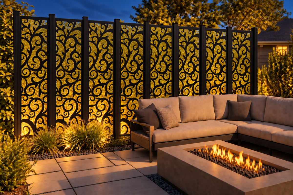 Design 193 Classic Scroll Vine Laser Cut Metal Privacy Screen Panel installed garden night lighting view