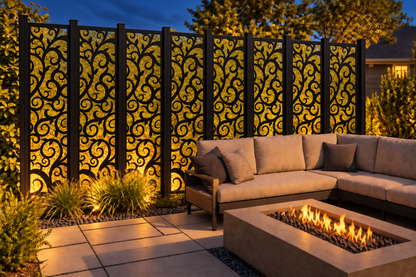 Design 193 Classic Scroll Vine Laser Cut Metal Privacy Screen Panel installed garden night lighting view
