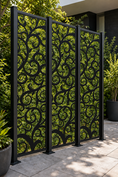 Design 193 Classic Scroll Vine Laser Cut Metal Privacy Screen Panel oblique angle view