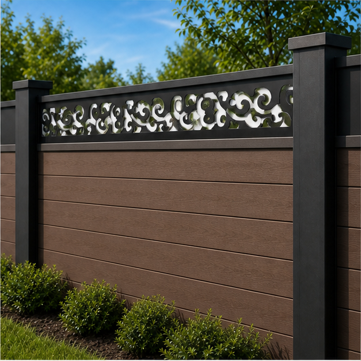 Mixed Floral Scroll laser cut fence extension panel installed on composite fence, angle view, Design 193