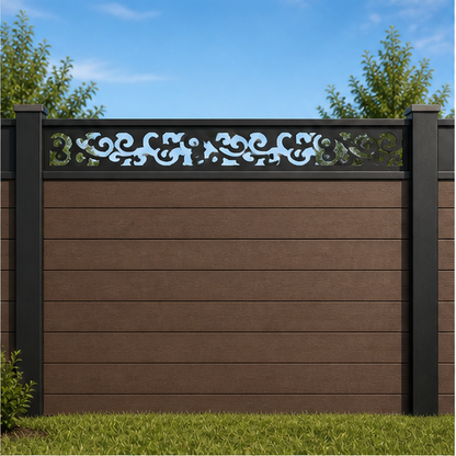 Mixed Floral Scroll metal fence topper installed above WPC composite privacy fence, front view, Design 193