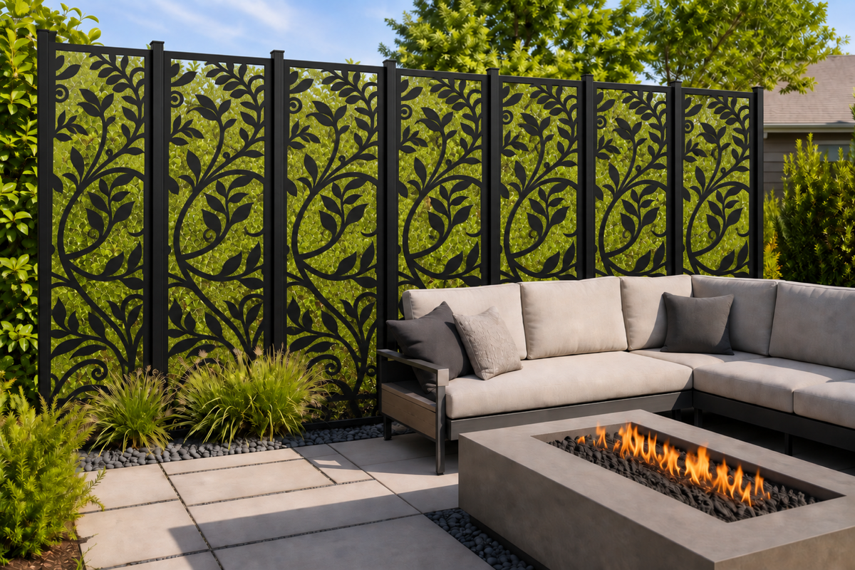 Design 194 Leaf Branch Silhouette Laser Cut Metal Privacy Screen Panel installed garden daylight view
