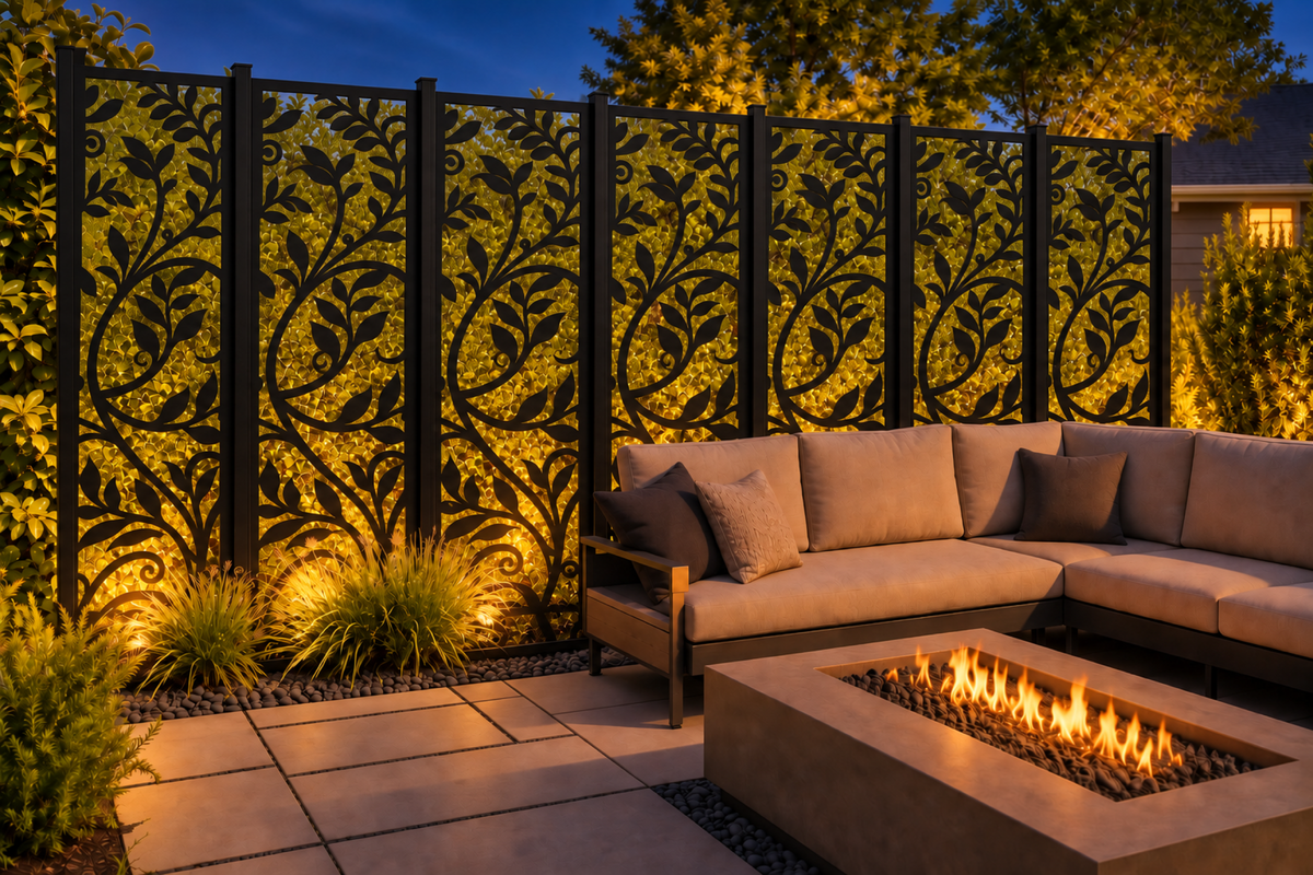 Design 194 Leaf Branch Silhouette Laser Cut Metal Privacy Screen Panel installed garden night lighting view