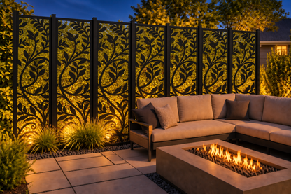 Design 194 Leaf Branch Silhouette Laser Cut Metal Privacy Screen Panel installed garden night lighting view