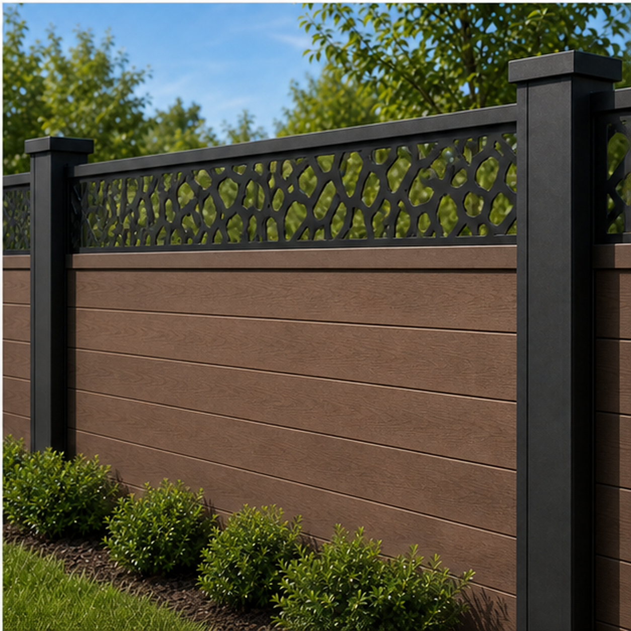 Pebble Floral Mesh laser cut fence extension panel installed on composite fence, angle view, Design 194