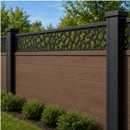 Pebble Floral Mesh laser cut fence extension panel installed on composite fence, angle view, Design 194