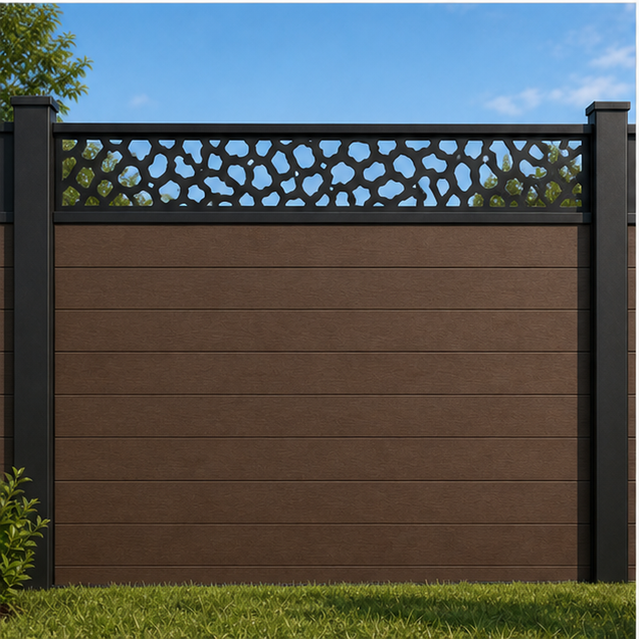 Pebble Floral Mesh metal fence topper installed above WPC composite privacy fence, front view, Design 194