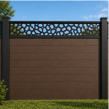 Pebble Floral Mesh metal fence topper installed above WPC composite privacy fence, front view, Design 194